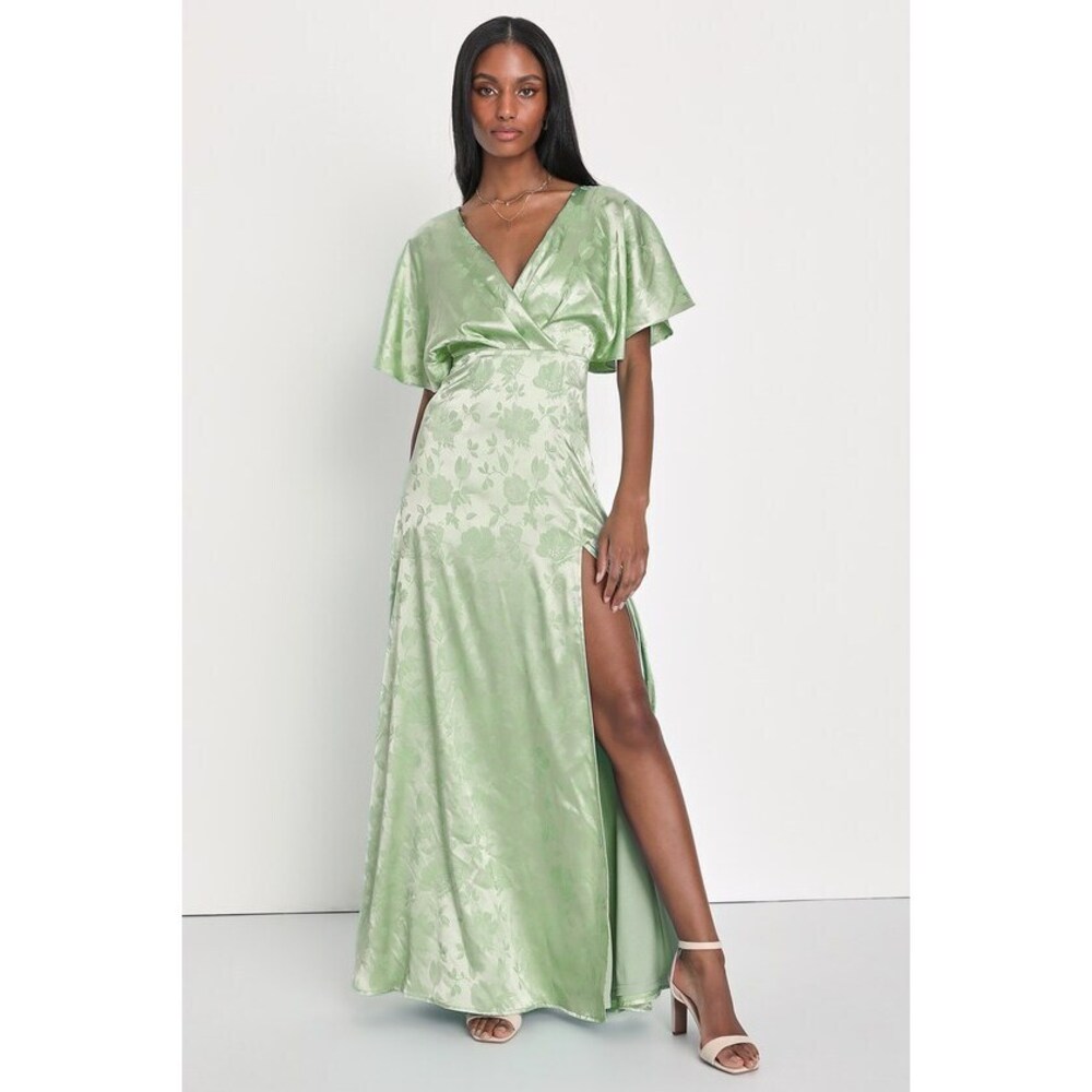 Lulus Lovely Admiration Sage Green Satin Floral Jacquard Maxi Dress - Size S